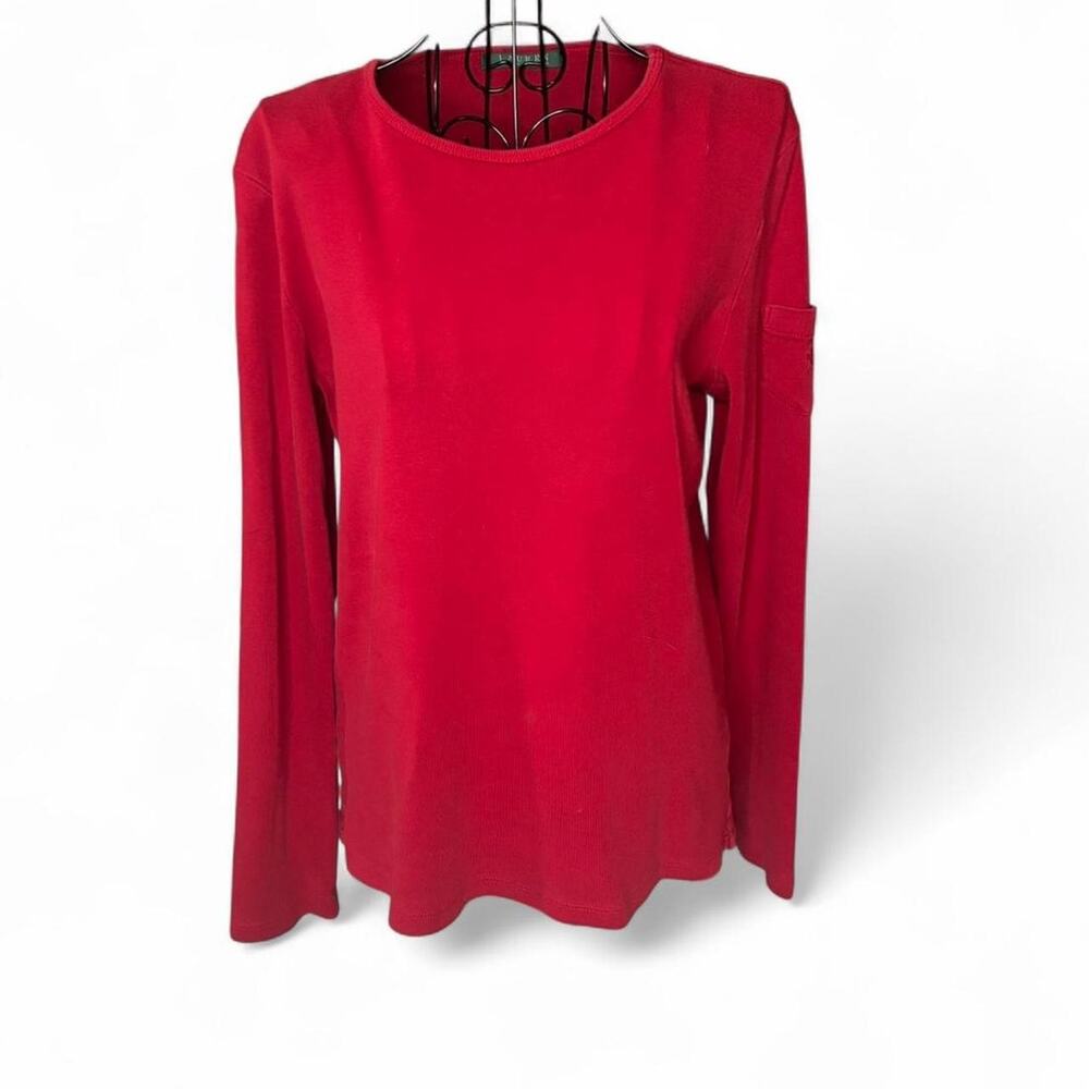 Lauren Ralph Lauren Red Knit Long Sleeve Shirt Large Pocket Detail Top